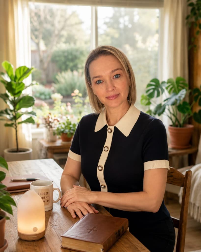 Warm, smiling portrait of Giving Heart Co. founder in cozy natural morning light